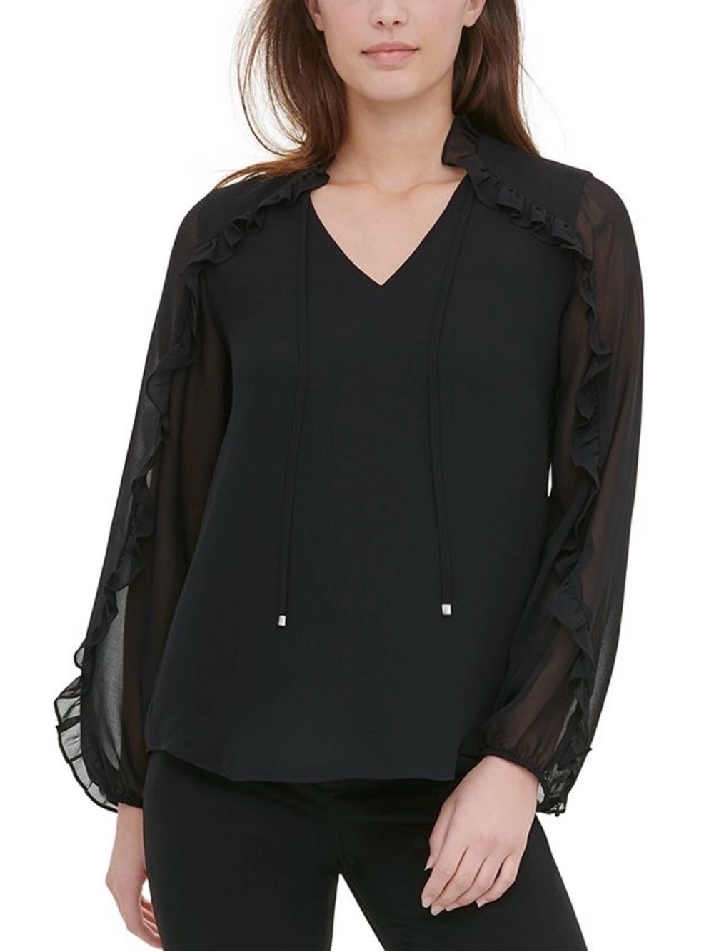 Calvin Klein Black V-Neck Ruffle-Trim Blouse